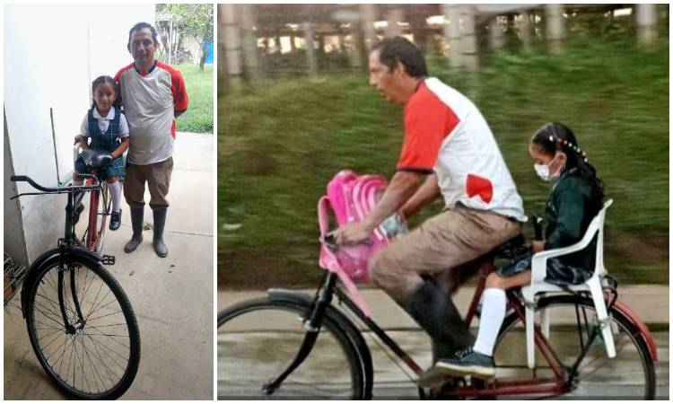 Así modificó un papá su bicicleta para poder llevar a su hija al colegio
