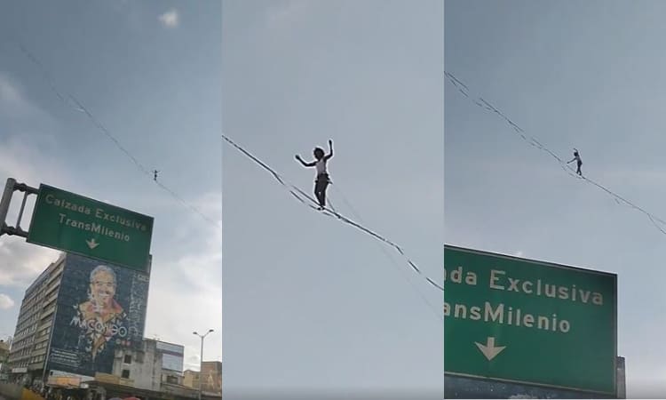 Increíble hazaña en Bogotá: trapecista hizo equilibrio entre dos edificios