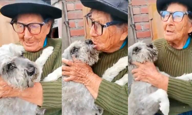 El tierno beso de una abuelita de 103 años al encontrar a su perro perdido