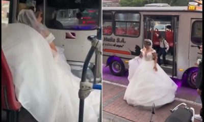 Novia llega en bus a su boda