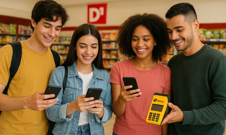Jóvenes de la Generación Z en Colombia usando aplicaciones digitales y servicios como Efecty mientras realizan compras cotidianas