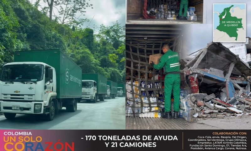 Caravanas de camiones de Servientrega y otras empresas colombianas transportando ayuda humanitaria y trabajador descargando suministros junto a escombros tras desastre en Colombia.