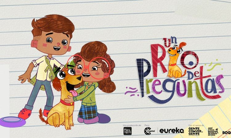 Ilustración de la serie infantil Un río de preguntas con los personajes Valeria, Leonardo y Río, creada para enseñar a niños y niñas sobre cuidado y prevención.